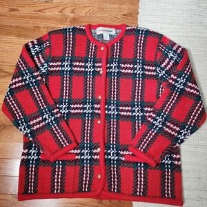 Vintage Crystal Kobe Cardigan Sweater L Red Green Plaid Gold Button Holiday
